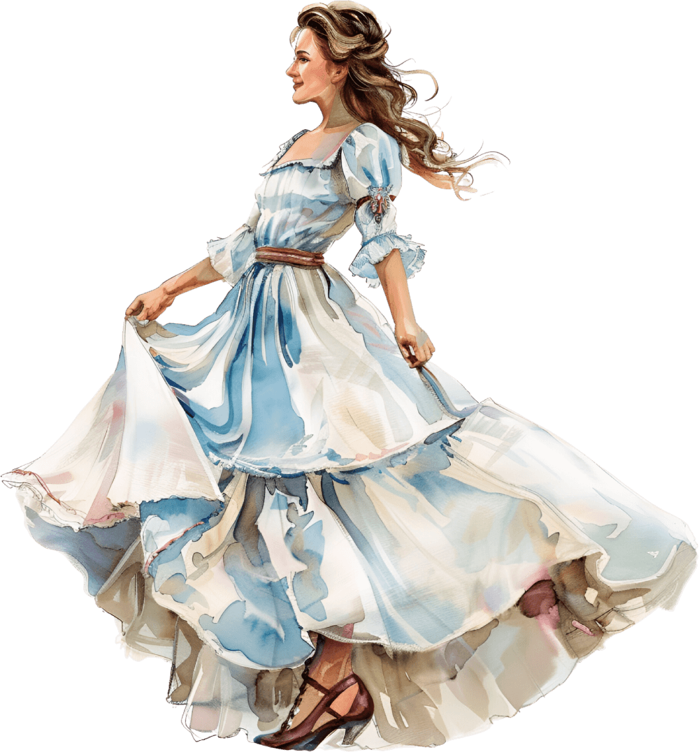 A woman getting ready to dance in a light colored dress, happy to wear italian fashion