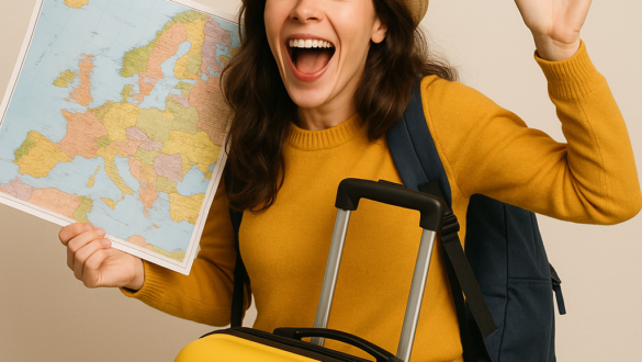 Woman in yellow excited to travel solo to see Europe as a woman solo traveling