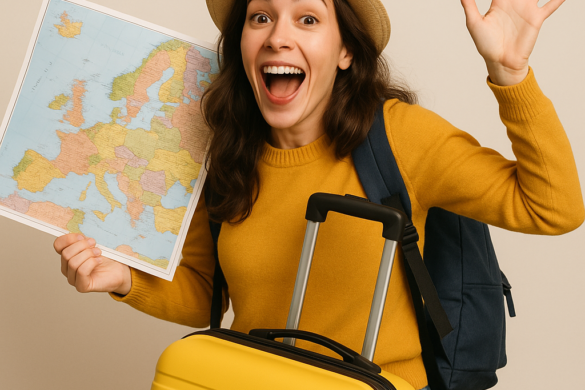 Woman in yellow excited to travel solo to see Europe as a woman solo traveling