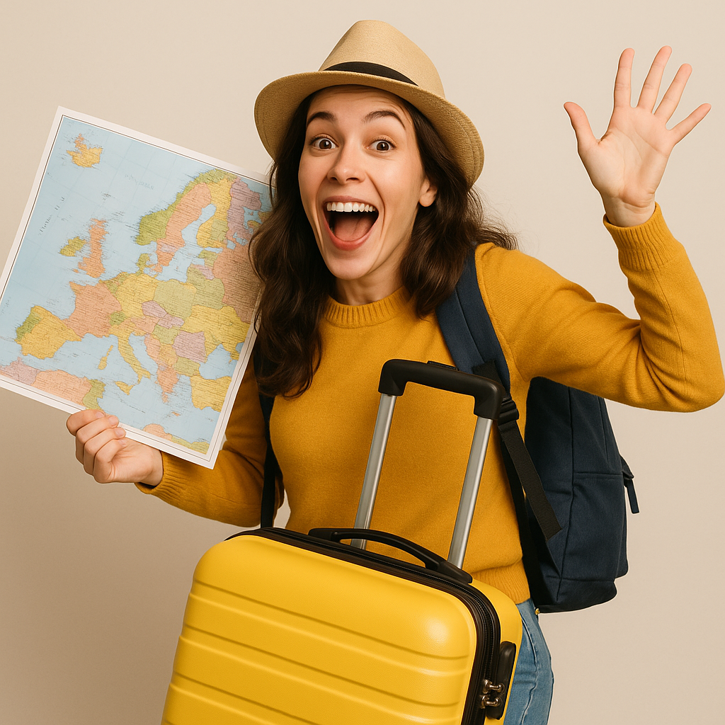 Woman in yellow excited to travel solo to see Europe as a woman solo traveling