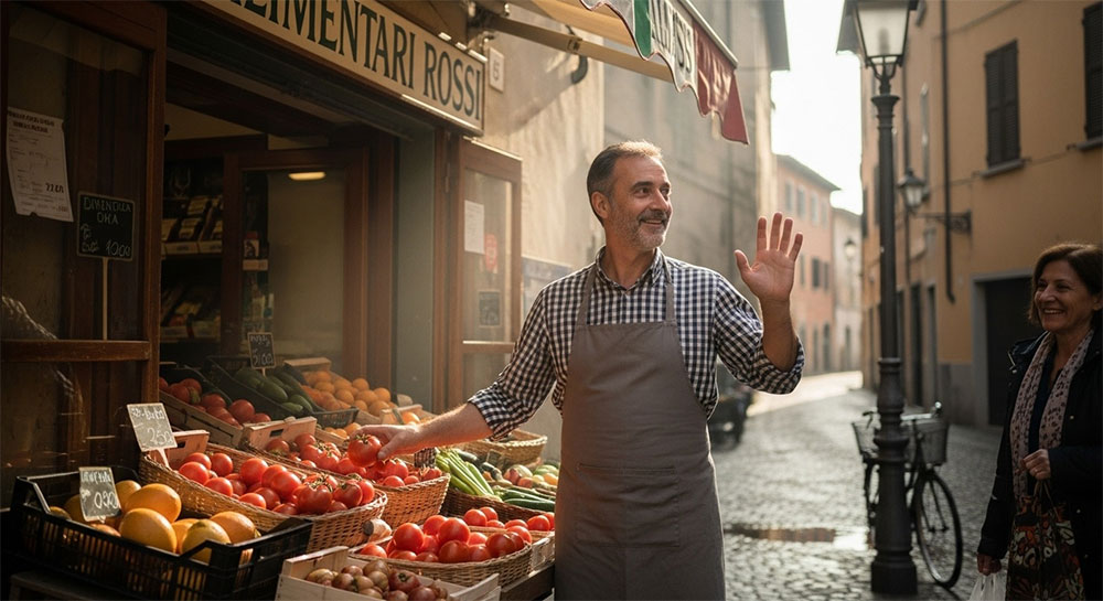 Good day in Italian&mdash;shopkeeper greeting neighbor with buongiorno during morning routine
