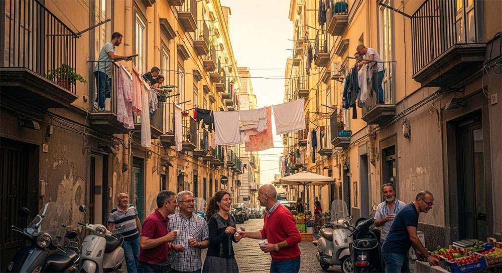 Hey in Italian&mdash;animated Neapolitan neighbors exchanging regional greetings in Italian language across traditional Naples street