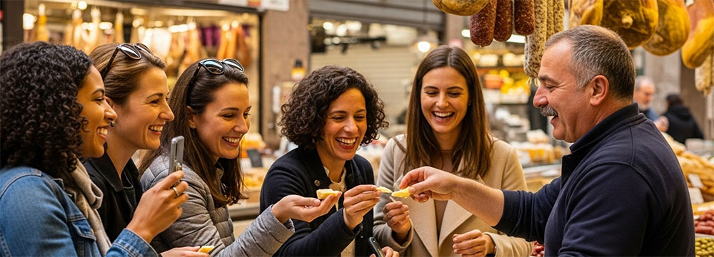 How to meet people while traveling solo&mdash;women enjoying group food tour experience at Bologna market