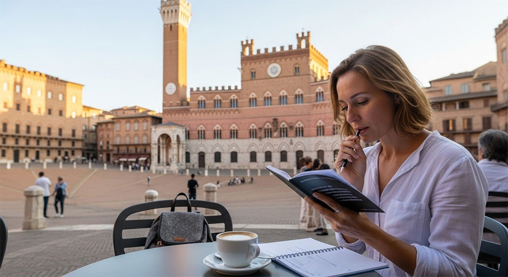 How to say hello how are you in Italian language&mdash;female traveler studying greetings italiano at Siena cafe with notebook
