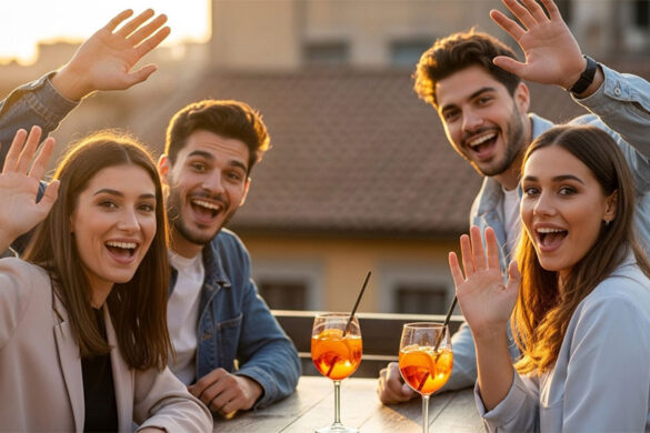 How to say hi in Italian casually—young friends exchanging ciao greetings at aperitivo gathering