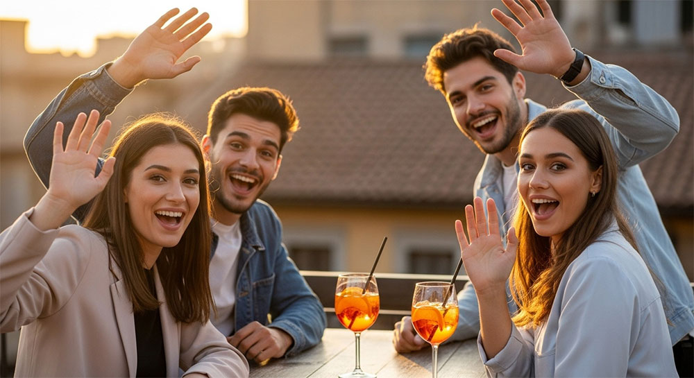 How to say hi in Italian casually—young friends exchanging ciao greetings at aperitivo gathering