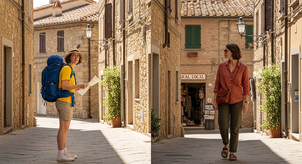 How to stay safe traveling alone&mdash;comparison of tourist attire versus local Italian style to blend in