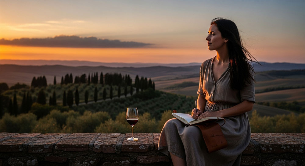 Is it safe to travel by yourself Solo female traveler enjoying peaceful sunset moment in Tuscan countryside