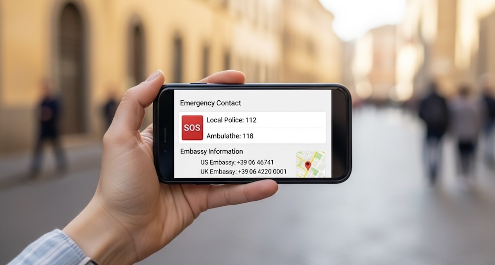 What to do if you get sick traveling alone&mdash;smartphone displaying emergency contacts and embassy information in Italy
