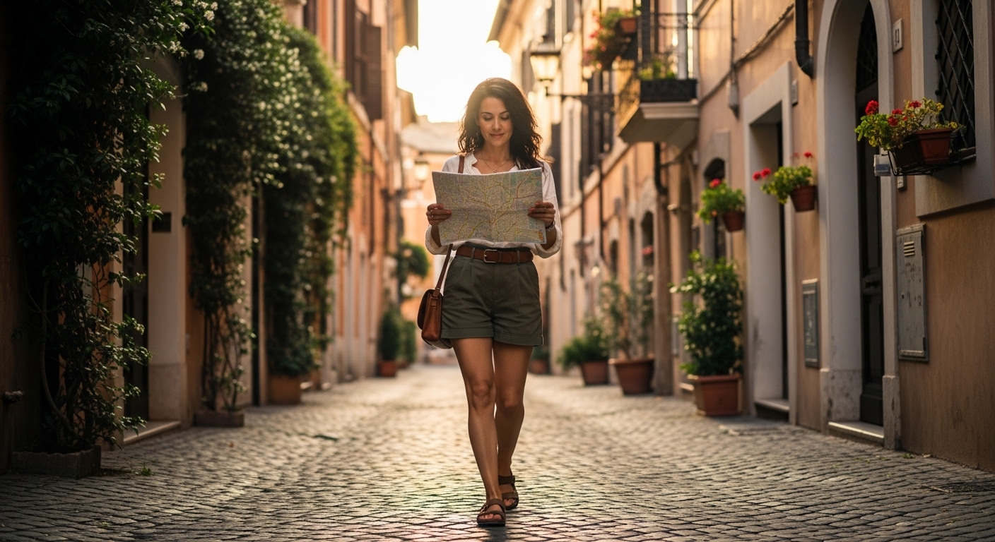 Woman traveling alone as a beginner navigates Rome's Trastevere neighborhood using first time solo travel tips