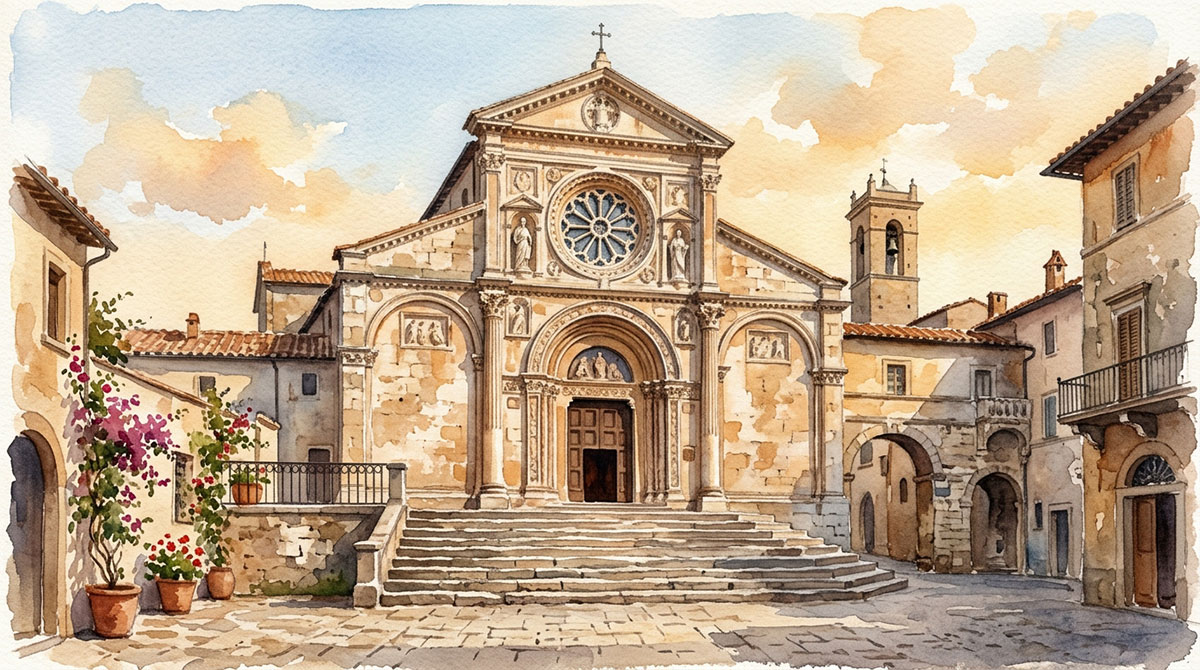 A grand Italian church facade in watercolor: dress codes matter most for travelers visiting Italy for the first time