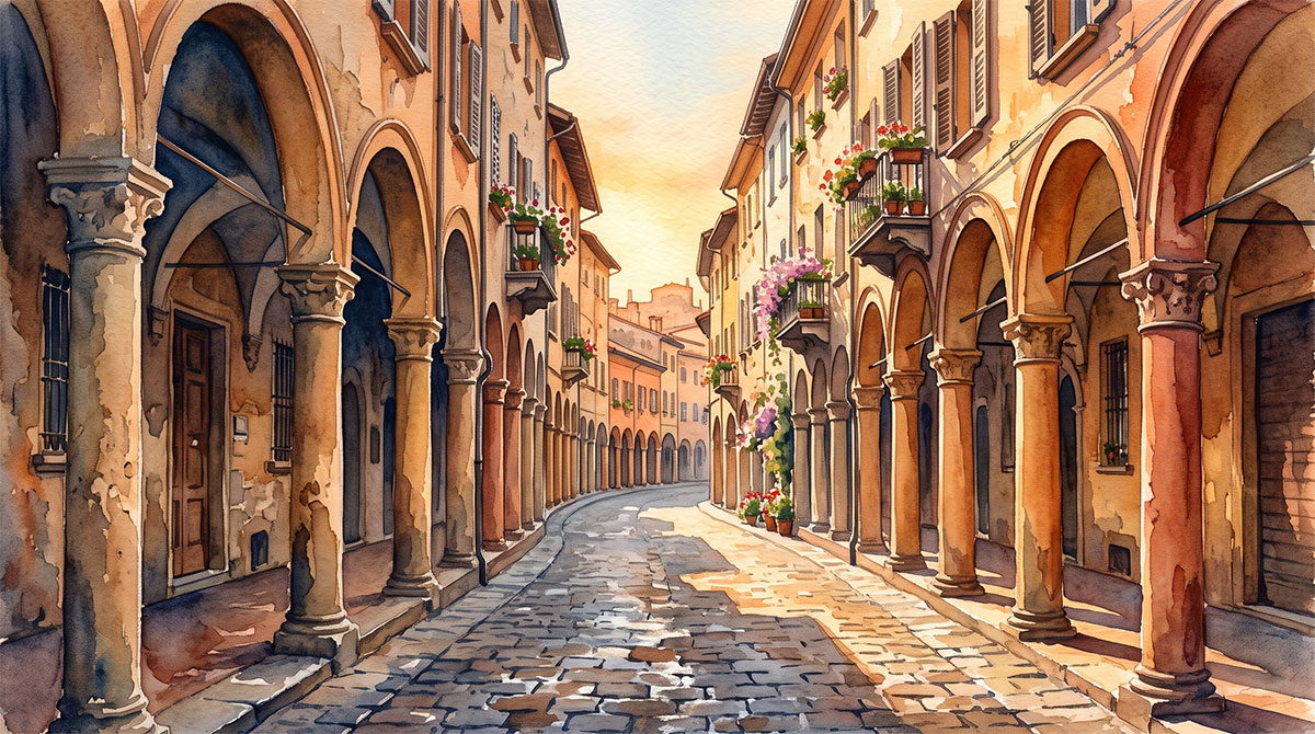 A quiet Bologna street in watercolor, one of the tips for a trip to Italy that most guides skip is adding this underrated city