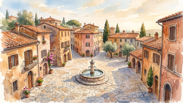 A quiet Italian piazza in watercolor these italy solo travel tips start with picking the right season and city