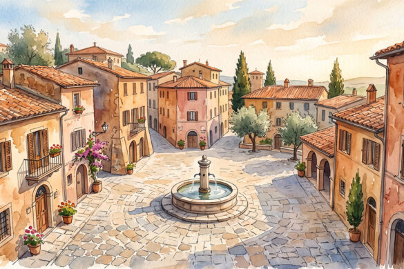 A quiet Italian piazza in watercolor these italy solo travel tips start with picking the right season and city