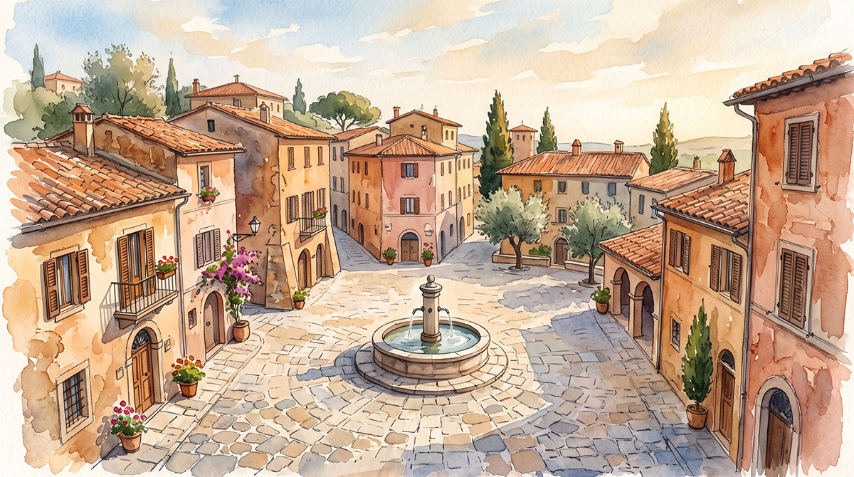 A quiet Italian piazza in watercolor these italy solo travel tips start with picking the right season and city