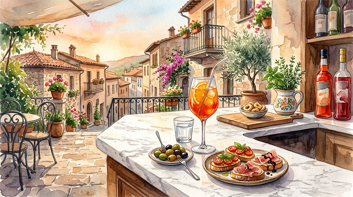 An aperitivo spread painted in watercolor, one of the best italy tourist tips for solo diners looking for an easy social hour