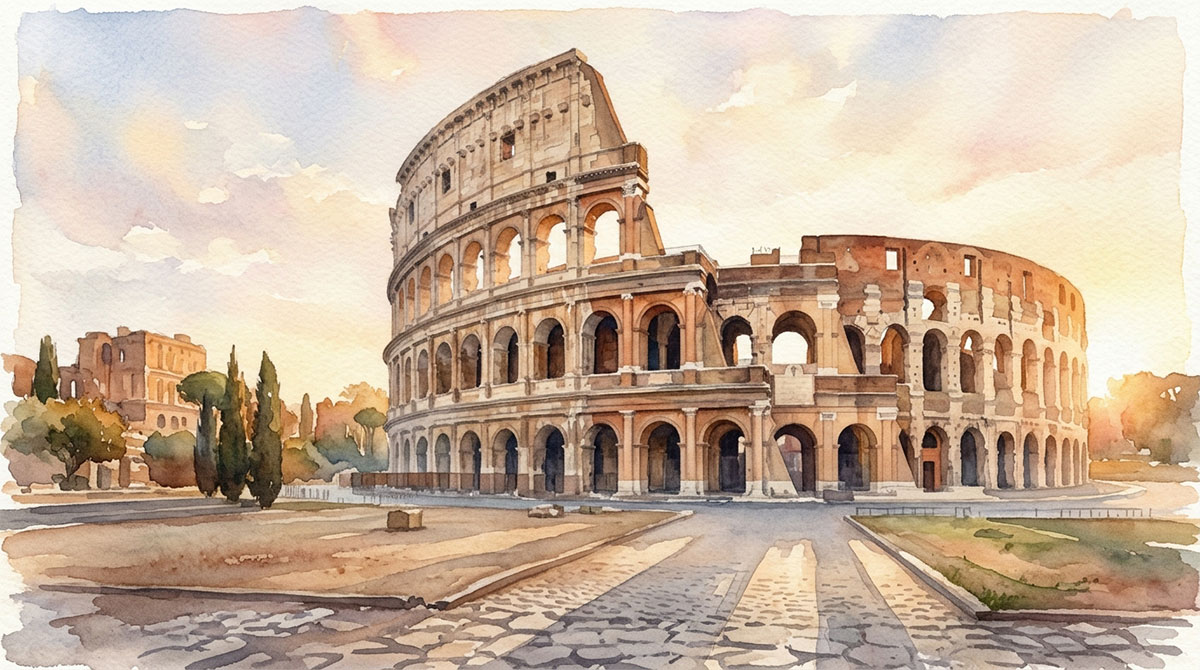 The Colosseum in Rome rendered in watercolor, one of the key italy travel tips and advice is booking this months ahead