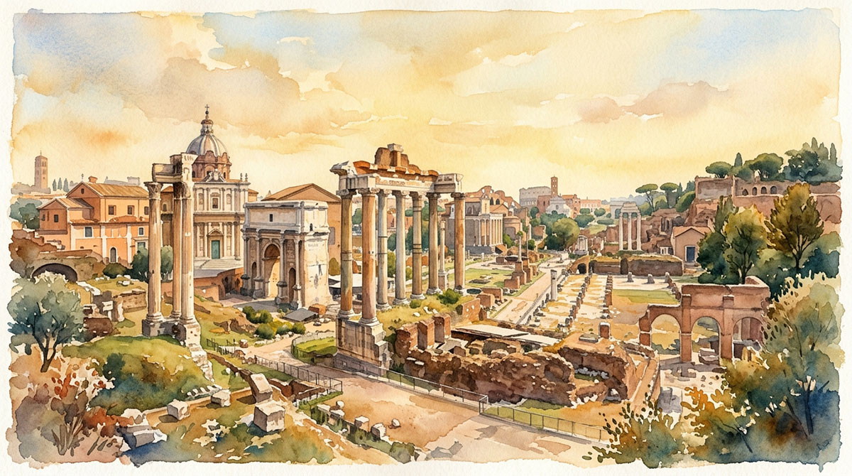 The Roman Forum in watercolor at golden hour, one of the things to know before going to Italy is that Rome needs three days, not two
